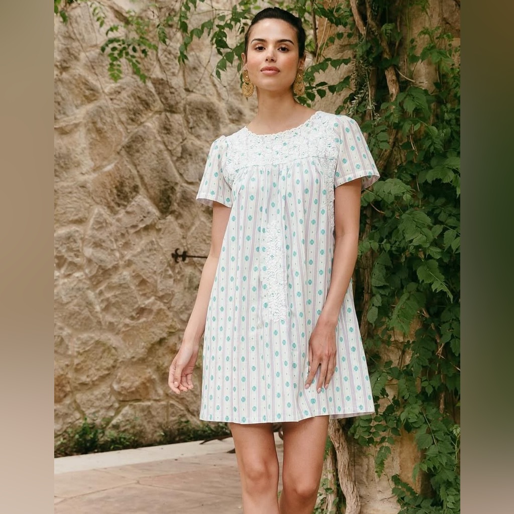 Mi Golondrina Floral Embroidered Striped Dress Nwt